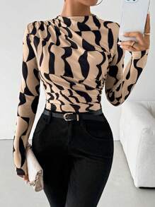 VaVaBold Camiseta de manga larga ajustada con cuello alto con pliegues y estampado aleatorio para mujeres, para atuendos de primavera
