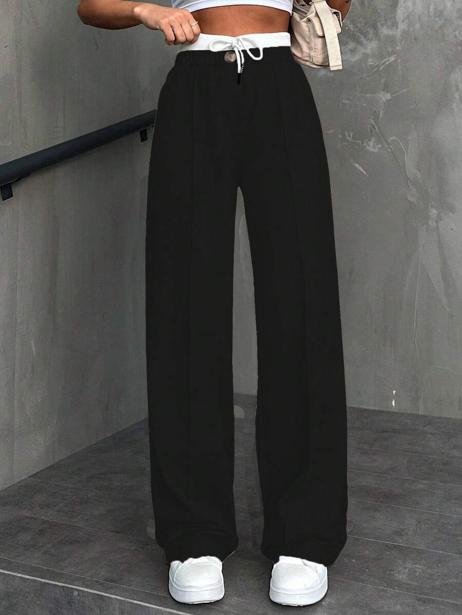 EURMUSE Women CottnLine Drawstring Waist Front Button Pants - Black - View 1