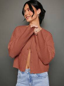WESTFADE Spring Cable Knit Crewneck Button Front Long Sleeve Cardigan Sweater - Red Violet - View 5