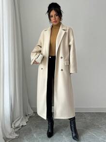 Elenzga Apricot Double Breasted Back Slit Midi Overcoat With Lining - Apricot - View 5