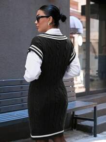 RueChic Casual Mini Cable Knit Contrast Color Stripe Hem Sweater Dress