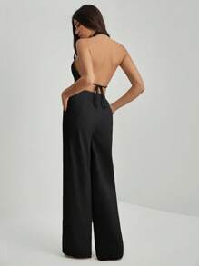 SHEIN Tall 办公室女士V领露背无袖上衣+阔腿裤修身加长套装 - 黑色 - 查看 2