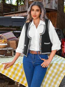 SHEIN VCAY Chaleco informal de mujer con cuello redondo, un botón y bolsillo, a rayas, para otoño