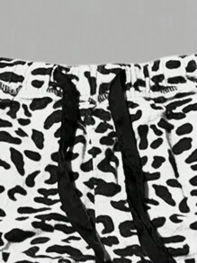 SHEIN EZwear 大码女式抽绳腰豹纹宽松短裤 - 黑與白 - 查看 3
