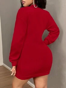 SHEIN SXY Women's Deep V-Neck Long Sleeve Letter Embroidery Mini Dress, Casual & Holiday Homecoming Dress 2pack
