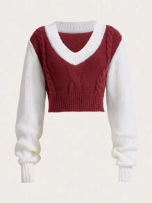 SHEIN EZwear Jersey corto de dos tonos blanco y negro de punto de cable - Rojo - Ver 1