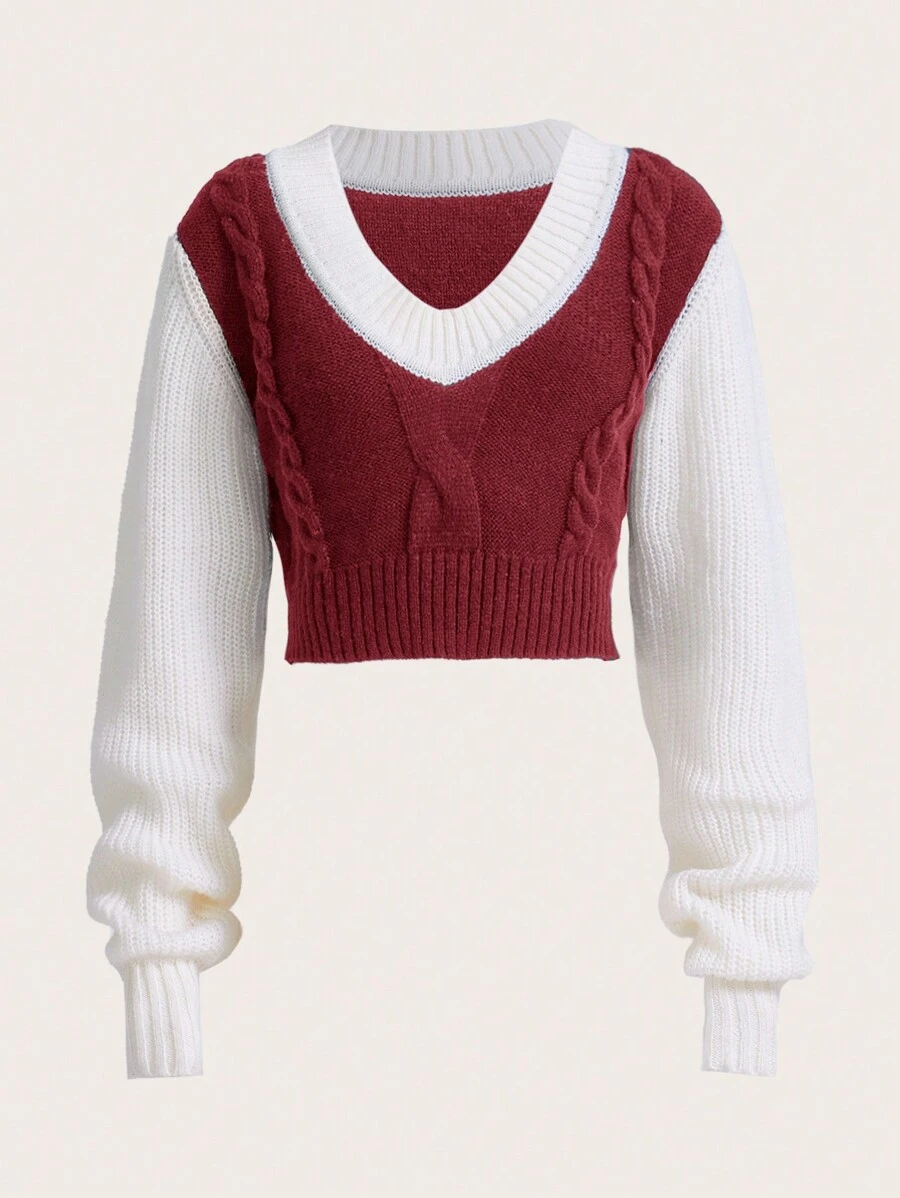 SHEIN EZwear Jersey corto de dos tonos blanco y negro de punto de cable - Rojo - Ver 1