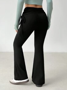SHEIN PETITE Pantalon flare noir slim avec cordon de serrage latéral, style de mode de rue rétro pour femmes - Noir - Voir 2