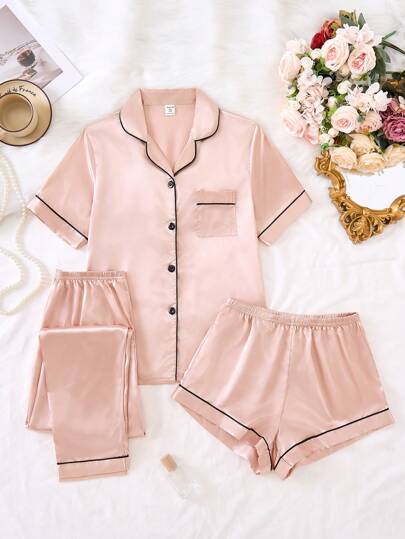 Teen Girls 3-Piece Pajama Set: Satin Fabric Shorts, Long Pants, And Short Sleeve Cardigan In Light Pink Color