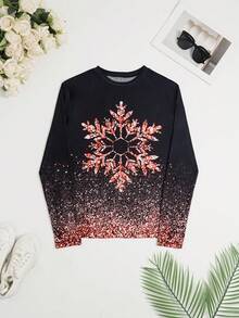 Áo thun nữ cổ tròn tay dài lấp lánh in họa tiết bông tuyết chuyển màu, trang phục dự tiệc năm mới thường ngày, mùa thu/đông - Đỏ - Xem 3