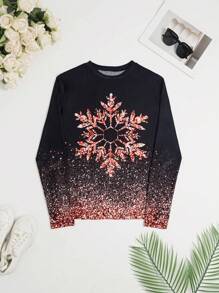 Glitter Top Dames Ronde Hals Lange Mouw T-shirt Met Verloop Sneeuwvlok Print, Casual Nieuwjaarsfeestkleding, Herfst/Winter