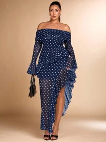 SHEIN BAE Plus Size Fall Elegant Sexy Sweet Woman Black And White Polka Dot Mesh Print One Shoulder Asymmetrical Ruffle Hem High Slit Long Dress - Navy Blue - View 6