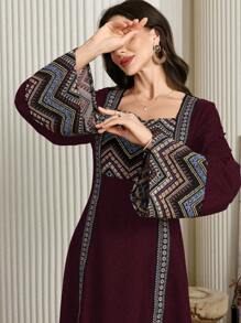 Al Najma 女士土耳其连衣裙和阿拉伯传统长袍，端庄优雅的 A 字形长款勃艮第长袖阿拉伯连衣裙卡夫坦和 Jalabiya，适合晚会/婚礼嘉宾/周年纪念