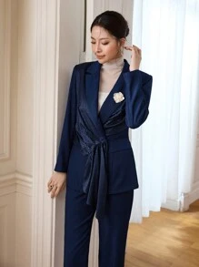 Modelyn Women's Navy Blue Patchwork Leopard Jacquard Suit Set, Professional And Chic, Autumn/Winter 2 Pieces Set