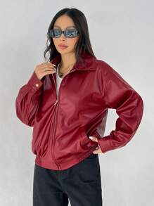 SHEIN PETITE Drop Shoulder Zip Up Black PU Jacket - Burgundy - View 6