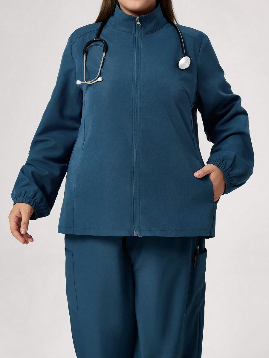 TaskEZ 大码纯色立领斜口袋护士服制服外套 - 水鴨藍 - 查看 1