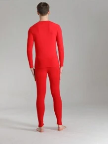 Men Solid Color Minimalist Long Sleeve T-Shirt And Long Pants Set, Thermal Wear