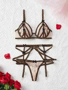Conjunto de lencería de mujer sexy con parches de leopardo y lazo decorativo, de moda - Multicolor - Ver 1