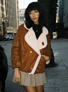 SHEIN EZwear Brown Fluffy Women's Regular Jacket, Suitable For Winter - Brown - View 5