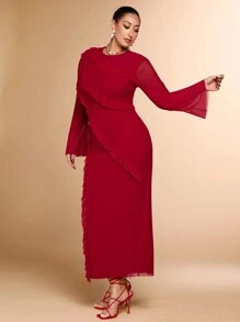 SHEIN BAE 大码女式秋季圆领长袖网眼紧身连衣裙，分层荷叶边设计适合鸡尾酒会、约会、派对、婚礼、正式活动、秋冬季 - 紅色 - 查看 7