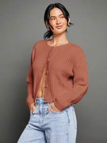 WESTFADE Spring Cable Knit Crewneck Button Front Long Sleeve Cardigan Sweater - Red Violet - View 4