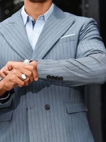 Manfinity Bizformal 2 件男士商务通勤西装套装：条纹立领双排扣长袖外套和裤子，秋季 - 深灰色 - 查看 6