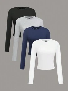 Chiquease 4 件套女士休闲纯色圆领长袖短款短款上衣 T 恤，秋冬季 - 彩色 - 查看 6