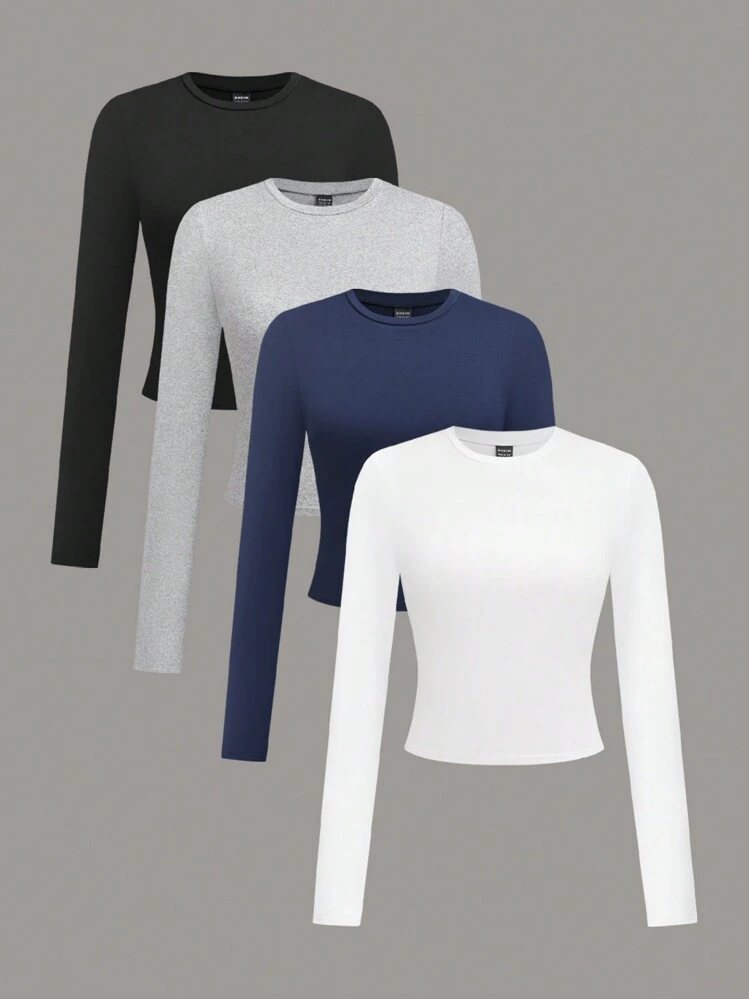 Chiquease 4pcs/Set Women Casual Solid Color Round Neck Long Sleeve Short Crop Top Tee, Autumn & Winter Fall Cloth For Women