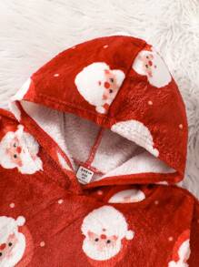 SHEIN Young Girl Santa Claus Pattern Hooded Soft & Comfortable Flannel Bathrobe For Christmas - Red and White - View 3