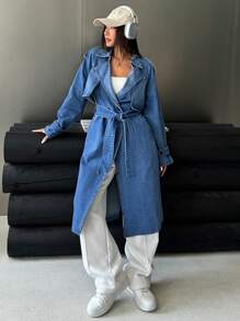 SHEIN EZwear Women's Casual Long Sleeve Mid-Length Blue Denim Jacket - Blue - View 1