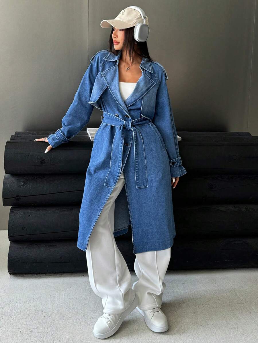 SHEIN EZwear Women's Casual Long Sleeve Mid-Length Blue Denim Jacket - Blue - View 1