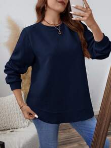 EMERY ROSE Plus Size Solid Crew Neck Long Sleeve Sweatshirt For Autumn/Winter Holiday - Navy Blue - View 9