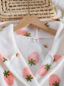 SHEIN Explorewe 青少年女孩休闲草莓印花长袖连帽毛绒睡袍家居服 - 彩色 - 查看 3