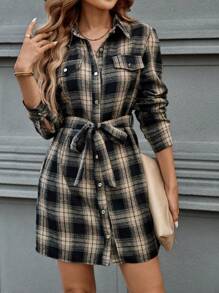 SHEIN LUNE Plus Size Plaid Shirt Collar Button-Front Dress With Self-Tie Belt, For Fall & Winter Holiday Outfit Holiday Party Dress Plus