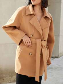 EMERY ROSE 1pc Women Lapel Collar Loose Cinched Waist Pocket Overcoat Fall Cloth For Women - Camel - View 5