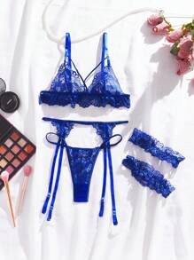 花卉蕾絲吊帶襪內衣套裝帶1雙腿圈 - 寶藍色 - 查看 5