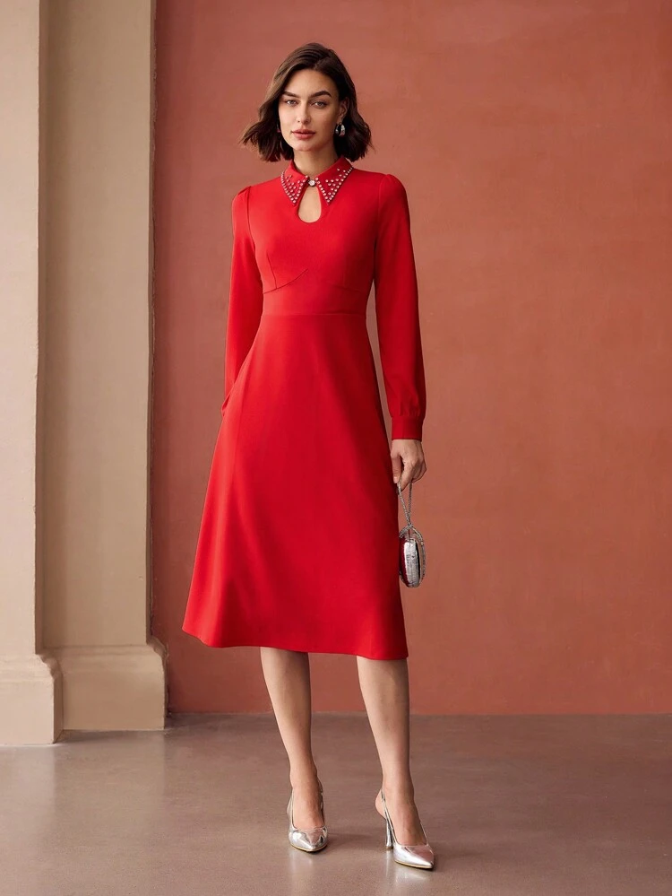 VESTIDO MIDI COM DECOTE EM BURACO DE FECHADURA DE STRASS SÓLIDO SEM CINTO, ROUPAS DE ANO NOVO, LOOK FEMININO