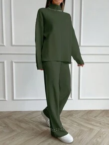 EURMUSE 女式纯色高领仿珍珠装饰长袖毛衣和针织裤休闲套装，秋冬 - 卡其色 - 查看 5