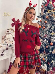 SHEIN LUNE Christmas Casual Reindeer Pattern Long Sleeve Crew Neck Sweater For Women For New Year Clothes Knit Pullover Fall Winter Outfit