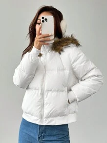 SHEIN PETITE Women's Hooded Fur Collar Down& Feathers Jacket Is Warm And Suitable For Autumn And Winter - White - View 4