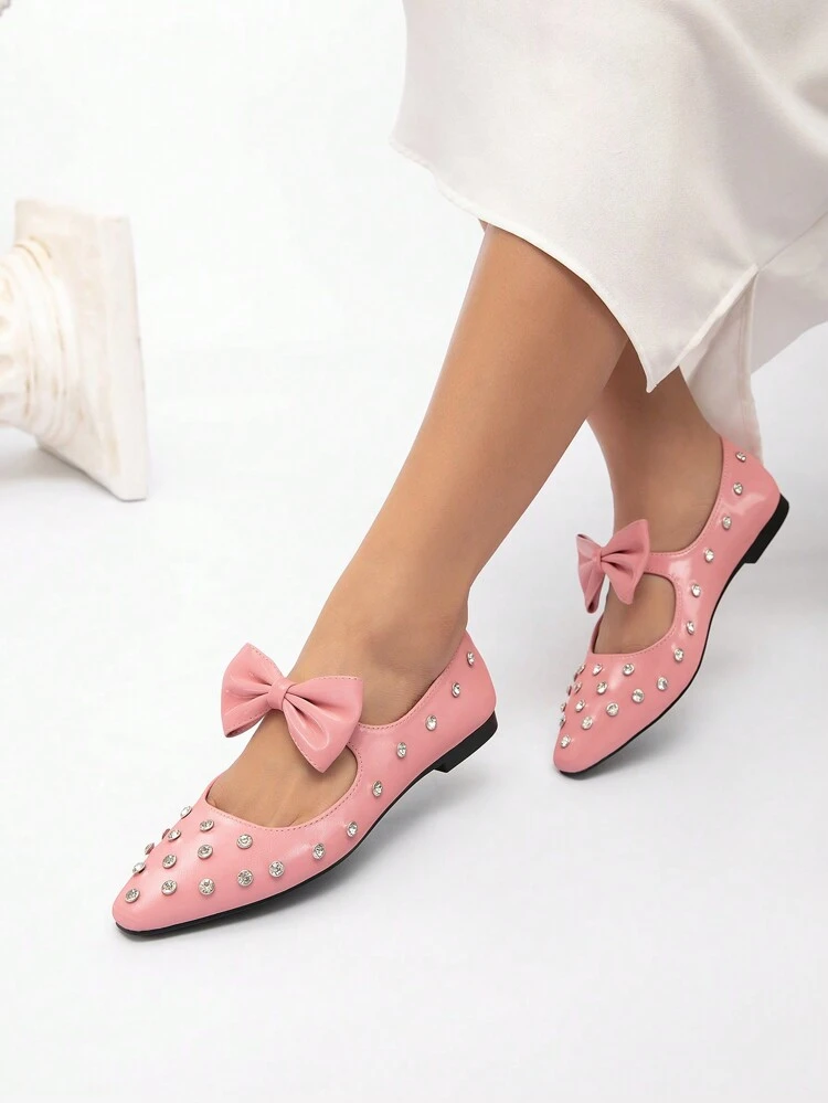 CUCCOO CHICEST Sweet Pink Bow Rhinestone Decor Elegant Women Flat Mary Jane Shoes