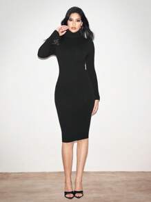Zolique Vestido largo con diseño acampanado y de costillas anchas, de punto negro sin costuras, para el otoño - Negro - Ver 5