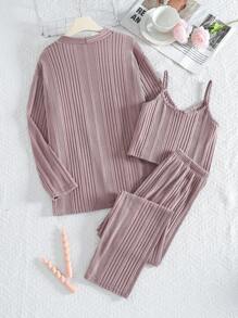 3pcs/Set Teenage Girls Jacquard Vertically Ribbed Long Sleeve Top And Pants Camisole Loungewear Set, Light Pink