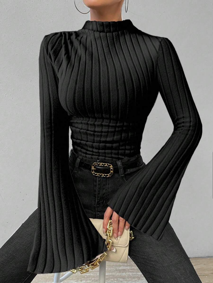 RosyDaze Camiseta feminina de manga comprida, versátil, de malha elástica, com nervuras, macia e agradável à pele, casual, com mangas sino, com acabamento canelado fino, para outono e primavera