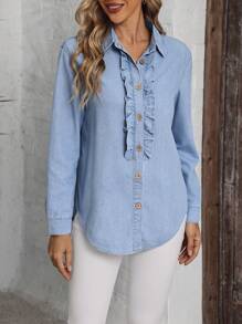 SHEIN LUNE Women's Casual Ruffle Trim Button Front Denim Blouse, Autumn - Blue - View 1