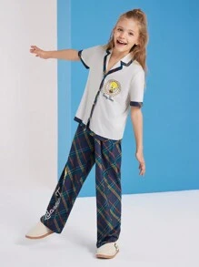 LOONEY TUNES X SHEIN 青少年女孩卡通崔弟印花舒适休闲纽扣上衣和格子裤两件套家居服睡衣套装 - 橄欖綠 - 查看 6