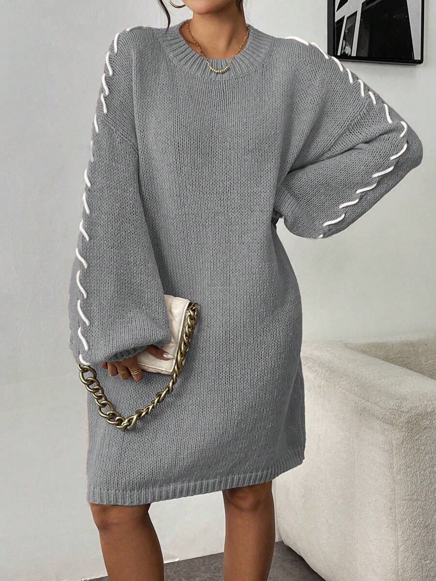 Chiquease Mock Necked Casual And Slouchy Women's Sweater Dress With Button Rope Design Fall Cloth For Women - Grey - View 1