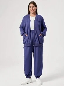 TaskEZ Conjunto de uniforme de pantalón y blusa de unicolor con bolsillo con cremallera, conjunto de ropa de trabajo de otoño para tallas grandes - Azul - Ver 3