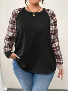 SHEIN LUNE Sudadera casual de cuello redondo de manga larga con estampado a cuadros contrastante, para otoño/invierno, de tallas grandes