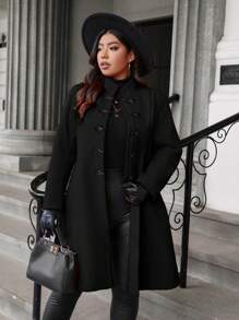 Celure Manteau en tweed mi-long, col montant style chinois, design avec boutons, taille en A, coupe grande taille